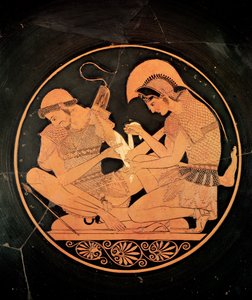 Vulciból, Kr.e. 500 körüli Vulciból, egy padláson lévő vörös kylix-figura, amely Achillest ábrázolja, aki a sebesült pátrolékot ábrázolja (kerámia) alkotó: Sosias Painter