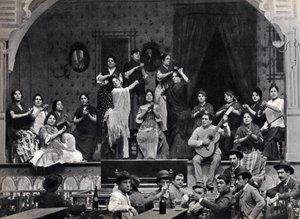 Sevilla, Spanyolország, tánc és flamenco zenei jelenet egy kávézóban. Fényképészet, 19. század vége,