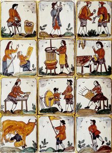 Kézműves szakmák: cipész, kádár, fonott kosárgyártó, borász, rajzlecon, zenész, tehénfejő, hegyező, földműves, ebenista. Katalán kerámia csempe (Spanyolország) alkotó: Spanish School