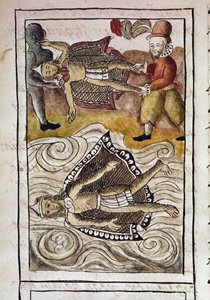 Mexikó meghódításának kódexe: Itzquauhtzin és Montezuma, azaz II Moctezuma azték császár (1466-1520) holttestét a spanyolok kidobják a palotából. alkotó: Spanish School