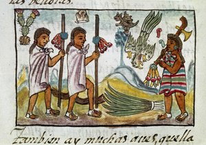 Mexikó meghódításának kódexe: Tzinacantlanban álcázott kereskedők. Bernardino de Sahagun "Storia degli Aztechi" (Az aztékok története) című firenzei kéziratának miniatúrája. alkotó: Spanish School