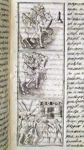 Mexikó meghódításának kódexe: a spanyolok készen állnak Tenochtitian városának megtámadására. Bernardino de Sahagun "Storia degli Aztechi" (Az aztékok története) című firenzei kéziratának miniatúrája. alkotó: Spanish School