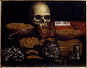 Érme Hiúság A múló idő és halál, gazdagság és emberi örömök allegóriája. A spanyol iskola festménye. 17. századi Rouen, Szépművészeti Múzeum alkotó: Spanish School