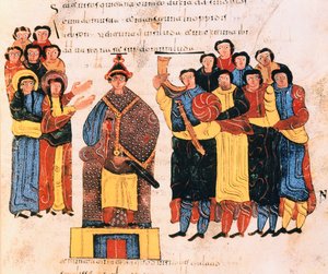 Dávidot királlyá kikiáltják Júda népe előtt, Szent Izidor vizigót-mozarab Bibliájából, 125r. fol., A.D. 960 (tempera on vellum)