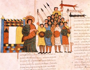 Dávid király seregének indulása a háborúba, Szent Izidór vizigót-mozarab Bibliájából, fol.131v., A.D. 960 (tempera on vellum)
