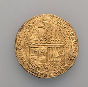 II. Aragóniai Ferdinánd (1452-1516) és Kasztíliai Izabella (1451-1504) kettős kiválósága, sevillai pénzverde, 1475 (arany) (lásd: 168057) alkotó: Spanish School