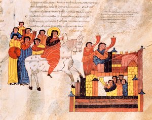 Dávid király belépése Jeruzsálembe trombitaszóra, Szent Izidór vizigót-mozarab Bibliájából, fol.135r., A.D. 960