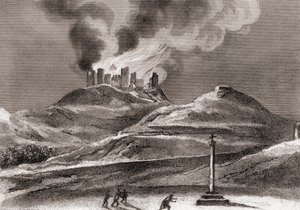 Tűz a Montearagon-kolostorban, Quincena, Huesca, Spanyolország 1835-ben (litho) alkotó: Spanish School