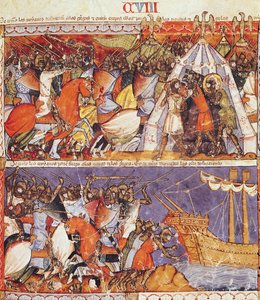 Fol.108r A trójaiak megszállják a görög tábort és tüzet gyújtanak a görög hajókra, a Codex Benito de Santa Mora-ból alkotó: Spanish School