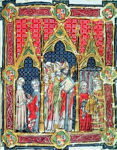 Fol.13r Aragónia és Kasztília királyainak megkoronázása: VII. Alfonso (1105-57) aranykenyeret ajánl fel Toledó érseke jelenlétében, a Libro de los Testamentosból alkotó: Spanish School
