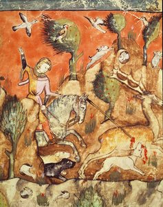 Fol.178v Egy vadász, aki egy szarvast üldöz, a Codex Benito Santa Mora-ból alkotó: Spanish School