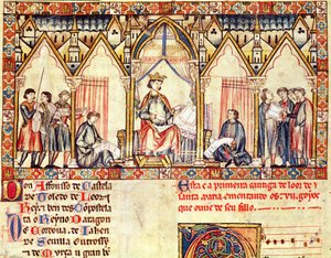 Fol.5r X. Alfonso (1221-84) bölcs udvara, Kasztília és León királya, miniatűr a Cantigas de Santa Maria-ból alkotó: Spanish School