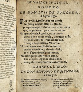 GOGOORA Y ARGOTE, Luis de (1561-1627). Spanyol költő az aranykorból; VEGA CARPIO, Felix Lope de (1562-1635). Soneto a Lope de Vega" (Szonett Lope de Vegához), vers a "Poesias varias de grandes ingenios espanoles" című, Ios által összeállított gyűjteményben alkotó: Spanish School