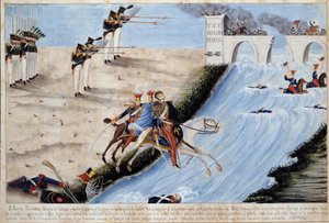 Joseph (Jozef) Antoni Poniatowski tábornok (1763-1813) vízbe fullad, miközben megpróbált elhaladni az Elther mellett a lipcsei csatában (a nemzetek csatájában), hogy elkerülje a szövetségesek elkapását 1813 októberében. A Spanyol Iskola akvarellje – 1813 I alkotó: Spanish School