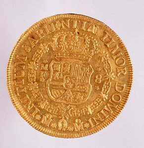 Arany érme (8 ecu) Spanyolországból: V. Fülöp (Filippo vagy Philippe) uralkodása (1700-1746). 1739 átm. 3,6 cm Nápoly, museo archeologico alkotó: Spanish School