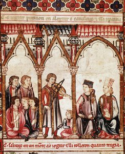 Trubadúrok csoportja, illusztráció a „Cantigas de Santa Maria”-ból”, X. Alfonso („A bölcs”) Kasztília és León királya (1221-84) irányítása alatt készült – A király udvara és a zenészek. miniatűr a Mária énekének kéziratából (Cantig alkotó: Spanish School