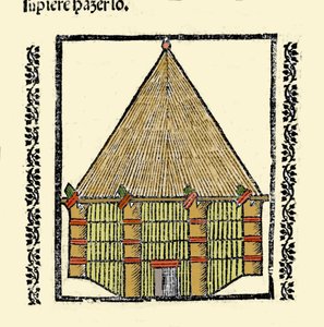 Élőhely: a Cabane des Indigenes Caraibes leírása. Metszet Gonzalo Fernandez de Oviedo (Gonzalo) vagy Fernandez de, ou Hernandez de Oviedo y Valdes (1478-1557) „Általános története India, szigetek és az óceáni tenger szárazföldjének” című könyvéből alkotó: Spanish School