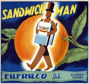 Egy „ember-szendvics” illusztrációja. Címke a narancsokhoz „” Eufruco”, Valencia, XX. század. alkotó: Spanish School