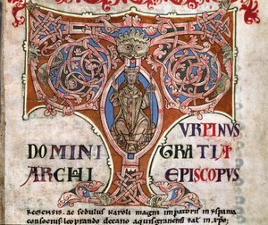 T betűjele Nagy Károly ábrázolásával, illusztráció a Codex Calixtinusból, 1140 körül alkotó: Spanish School