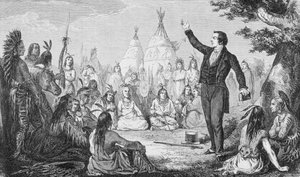 Joseph Smith, a Mormon Egyház alapítója, Prédikál az indiánoknak, a „La Vuelta al Mundo”-ból, Madridban, 1865 (metszet) alkotó: Spanish School