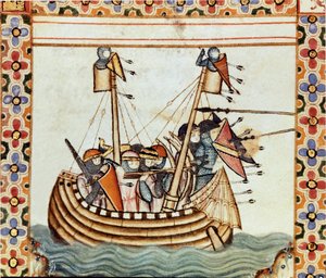 Les croises egy sarrazine-i erőd ostromához Egy oldal részlete a Szent Mária éneke (Cantigas de Santa Maria) kéziratából, Szent Máriának és csodáinak szentelt miniatúrákat díszít, a reg alatt redige dalok gyűjteménye. alkotó: Spanish School