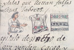 Palat asszony. 218-220 IX. könyv Egy azték kereskedő köpenyeket árul, Bernardino de Sahagun firenzei kódexéből, 1540-85 körül alkotó: Spanish School