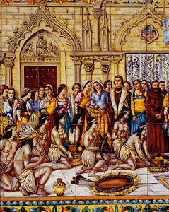 Az amerikai őslakosok 1492-ben hozták be Kolumbusz kíséretét Spanyolországba (kerámia) alkotó: Spanish School