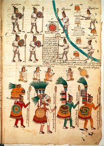Oldal a Codex Mendoza-ból, amelyen lándzsákkal és pajzsokkal felfegyverzett azték harcosok láthatók, 1541-42 körül (toll és tinta papíron) alkotó: Spanish School