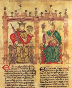 Pelagius (685-737), az Asztúriai Királyság alapítója és unokája, I. Fruela (722-68) (pigment a pergamen- alkotó: Spanish School