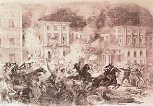 Populista felkelés Madridban, a zavargók megpróbálják felgyújtani Mária Krisztina királynő palotáját 1854-ben (litho) alkotó: Spanish School