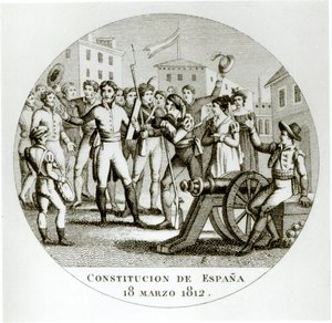 A liberális alkotmány 1812. március 18-i kihirdetése a hazafiak által, amelyet Cadizban hirdettek ki a Cortes alkotó: Spanish School