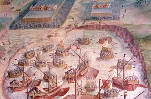 Spanyol galleonok regatta az Acores-i expedíció során 1582-ben II. Fülöp (1527-1598), Spanyolország királya alatt. 16. századi freskó. Csaták csarnoka, Escorial palota, Madrid. alkotó: Spanish School