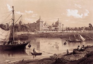Sevilla, San Telmo palota a Guadalquivir folyó partján. Andalúzia, Spanyolország (XIX. század). Madrid, Nemzeti Könyvtár. alkotó: Spanish School