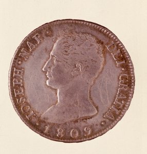 Ezüst érme (douro vagy piastra) Spanyolországból: Joseph Napóleon uralkodása (1808-1813). 1809 átm. 4 cm Nápoly, museo archeologico alkotó: Spanish School