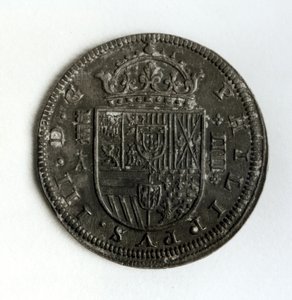 Négy reálból álló ezüst koronaérme III. Fülöp spanyol és portugál uralkodása (1578-1621) idejéből (ezüst)