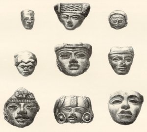 Kőfejeket és maszkokat talált a mexikói Teotihuacanban Desiré Charnay 1880-1883-as expedíciója során. alkotó: Spanish School