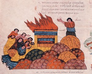Illés próféta a Kármel-hegyen imádkozik Izráel Istenéért, hogy igazat adjon Baal papjai előtt, és tűz hull le az égből (I. Királyok 18), fol.145v., a vizigót-mozarab Szent Bibliából. alkotó: Spanish School