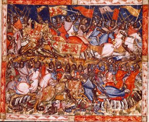 Trójai háború: Hector hőstettei. Részlet egy miniatűrről a „Codex Benito de Santa Mora” spanyol kéziratból alkotó: Spanish School