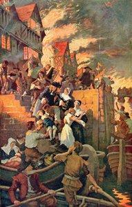 A londoni nagy tűzvész 1666-ban, illusztráció Hutchinson „The Story of the British Nation” című művéből, 1920 körül (színes litó)
