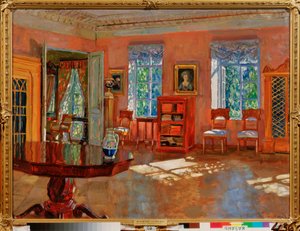 A könyvtár belseje egy kastélyban. Sztanyiszlav Julianovics Joukovski (Zsukovszkij) (1873-1944) festménye, olaj, vászon, 1910 körül. Orosz művészet, XX. század, modernizmus. Tatár Köztársaság Állami Művészeti Múzeuma, Kazan (Oroszország).