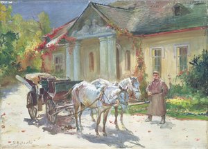 Egy lengyel kastély előtt, 1930 körül (olaj, vászon) alkotó: Stanislaw Kaczor Batowski