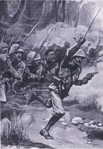 A britek az Ashantis ellen Amoafulnál támadásban, 1874. január 31., illusztráció a brit szárazföldi és tengeri csatákból, 1915 alkotó: Stanley L. Wood