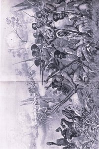 Chilianwala, 1849. január 13.: Goddys Brigád vitézül kiáll, amikor szikhek veszik körül, illusztráció a brit szárazföldi és tengeri csatákból, 1915 alkotó: Stanley L. Wood