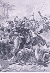 Önkéntes lovasság Lucknow mellett, 1857. június 30., illusztráció a brit szárazföldi és tengeri csatákból, 1915 alkotó: Stanley L. Wood