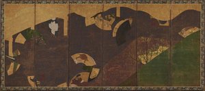 Borostyán szőlő, hidak és lebegő legyezők, Momoyama vagy Edo időszak, 17. század eleje.
