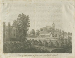 Shenstone templom és falu: akvatinta metszet, 1792 alkotó: Stebbing Shaw