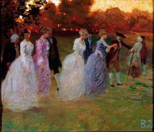 A palota visszatérése Elegáns fiatalok visszatérő világi eseményről (buliról vagy fogadásról) (Vissza a palotából) Stefano Baghino festménye (1881-1920) génjei, Galleria d