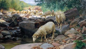 Nyájitatás a Restano-pataknál, Stefano Bruzzi (1835-1911) festménye, Olaszország