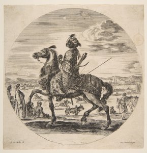 Egy mór lovas balra fordulva, állva és törököket ültetett a középpályán, egy..., kb. 1651. alkotó: Stefano della Bella