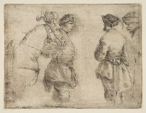 Egy rúd, aki kantárnál vezeti a lovat, és két másik férfival beszél, kb. 1662. alkotó: Stefano della Bella